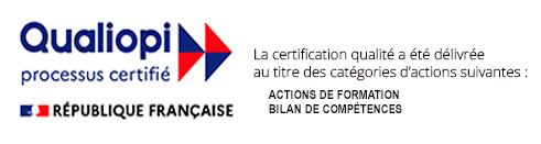 Logo Qualiopi présentant le certificat qualité délivré au titre des catégories d'actions suivantes : actions de formation et bilan de compétences