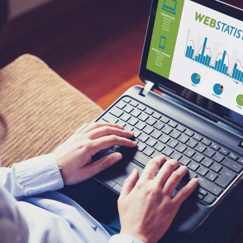 Web statistics consulting. Woman using a laptop computer to anal